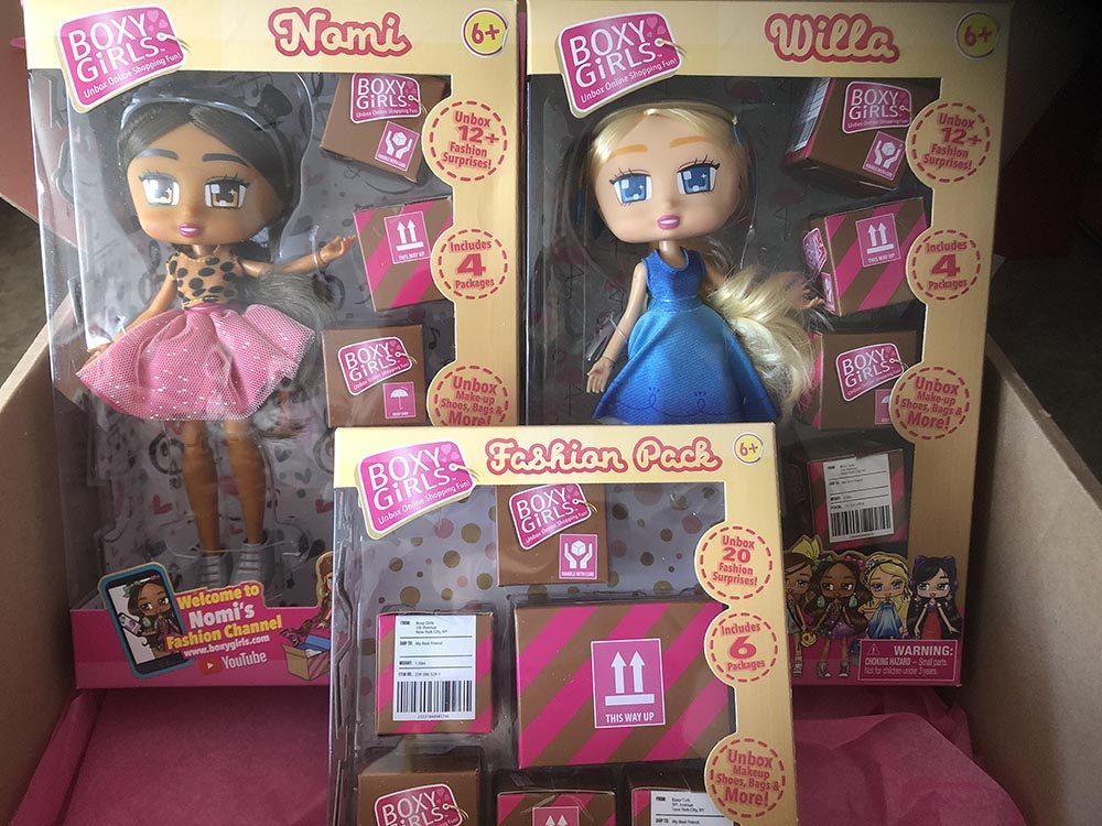 Nomi and Willa Boxy Dolls in their packaging