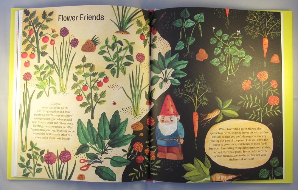 a page of flower facts and a gnome standing in the middle