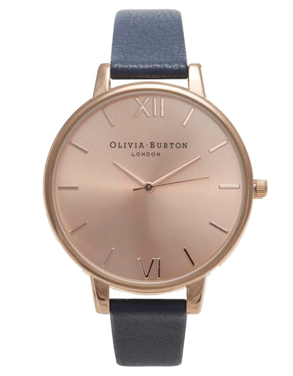 Plain rose gold olivia burton watch face with a navy blue strap